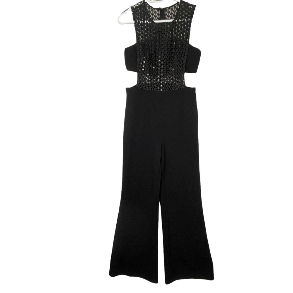 L’Atiste Women’s Black Sequin Jumpsuit Size Large Formal Side Cutouts Sleeveless